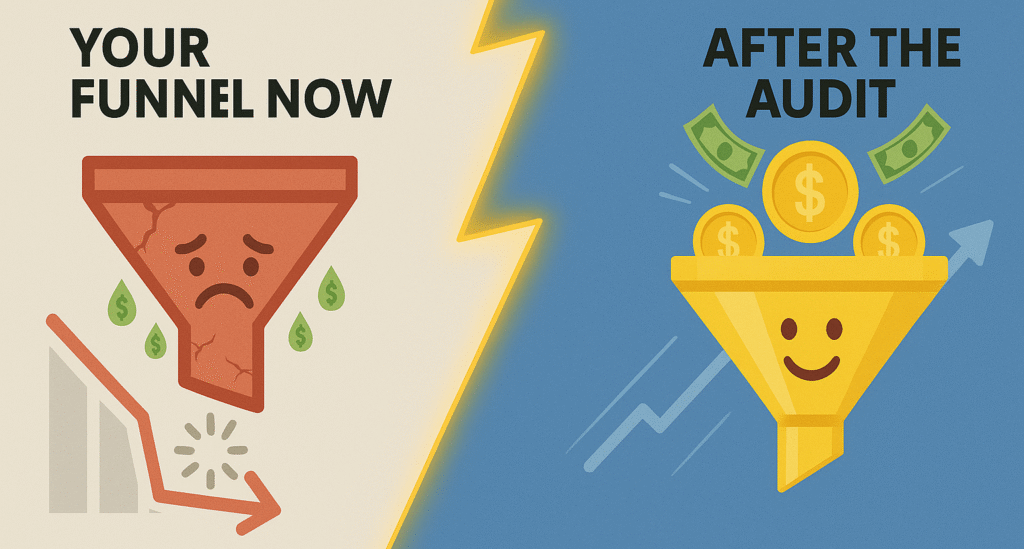 a comparison of a sales funnel where the left side is the sad funnel (your current funnel that's not generating enough leads nor sales nor profit) and the right side is the happy funnel (what your funnel will look like after you get your free sales funnel audit).